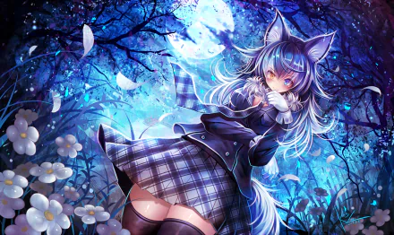 An HD desktop wallpaper featuring Grey Wolf from Kemono Friends with heterochromia and animal ears, wearing a skirt under a moonlit night with a blue and purple color palette, surrounded by flowers and trees.