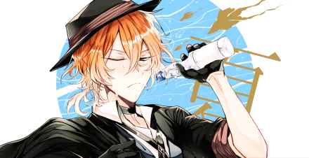 Chuuya Nakahara from the anime Bungou Stray Dogs refreshes with a water bottle against a vibrant, abstract background. An engaging HD desktop wallpaper for fans.