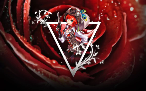 HD PC desktop wallpaper from the video game Kaku-San-Sei Million Arthur: red-haired armored heroine with peacock-feather hat and sword framed by a white triangle over a dewy red rose.