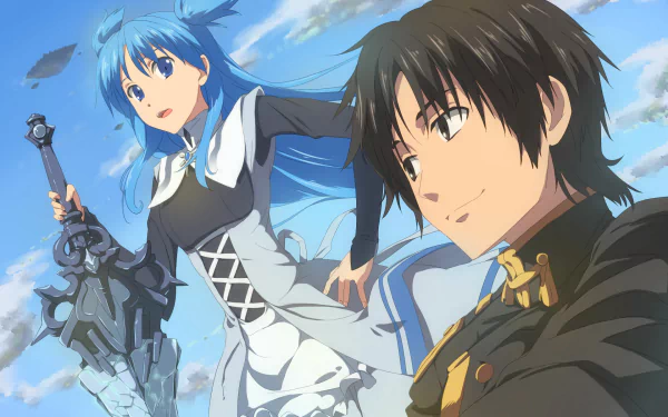 HD desktop wallpaper featuring Willem Kmetsch and Chtholly Nota Seniorious from the anime SukaSuka. They stand against a cloudy sky background, appearing determined and ready for adventure.