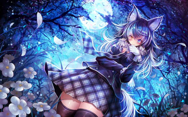 Anime Kemono Friends Grey Wolf Night Moon Skirt Animal Ears Heterochromia Blush HD Wallpaper | Background Image