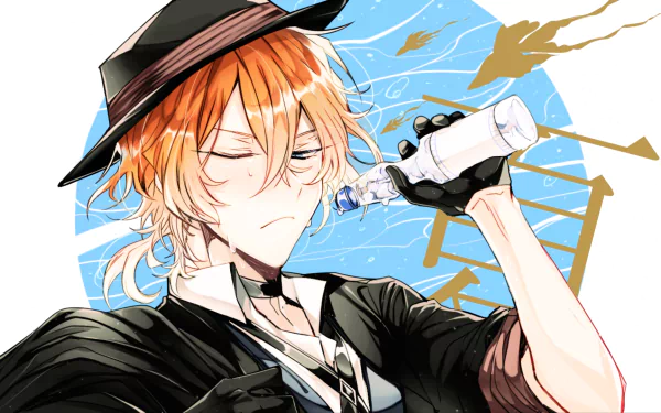 Chuuya Nakahara from the anime Bungou Stray Dogs refreshes with a water bottle against a vibrant, abstract background. An engaging HD desktop wallpaper for fans.