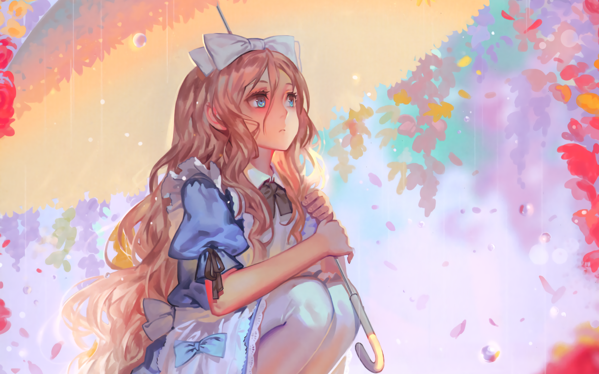 Anime-style Alice from Alice in Wonderland sitting thoughtfully under a colorful umbrella, featured in a vibrant HD PC desktop wallpaper background.
