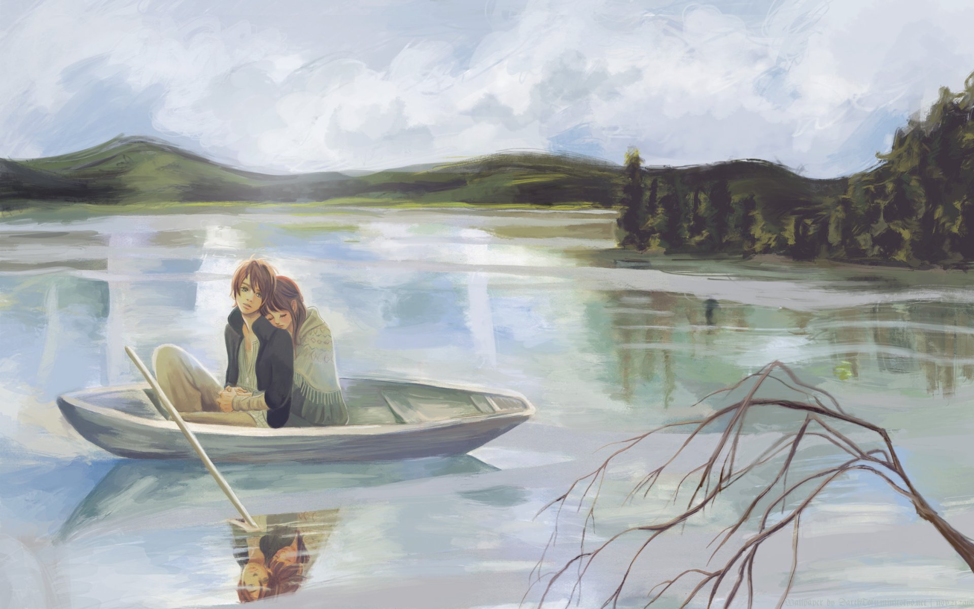 HD anime wallpaper featuring Nanami Takahashi and Motoharu Yano from We Were There, resting together in a boat on a tranquil lake with scenic reflections and a peaceful background.