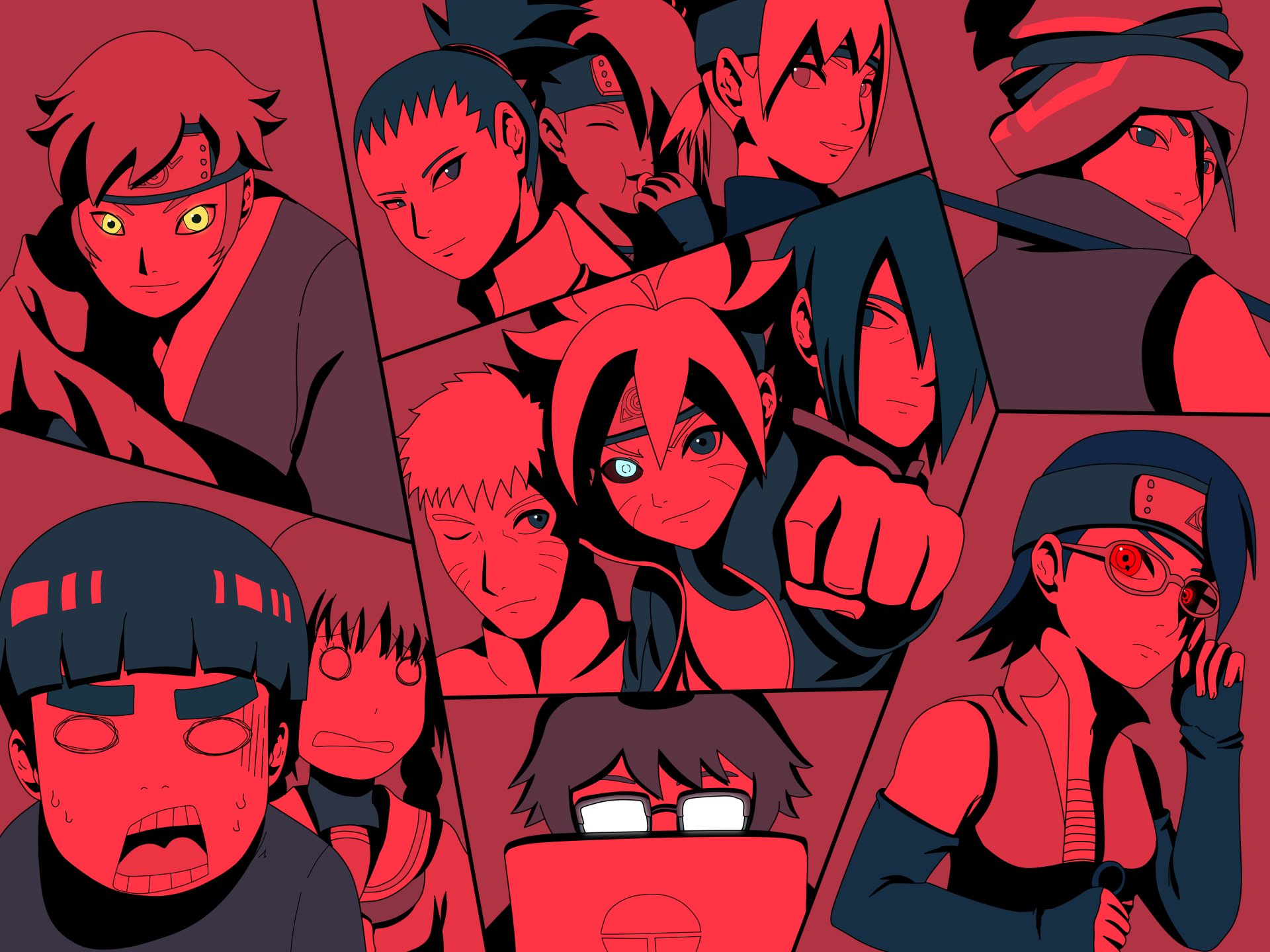 4K Ultra HD PC desktop wallpaper featuring vibrant anime characters from Boruto in a dynamic, multi-panel red and black composition.