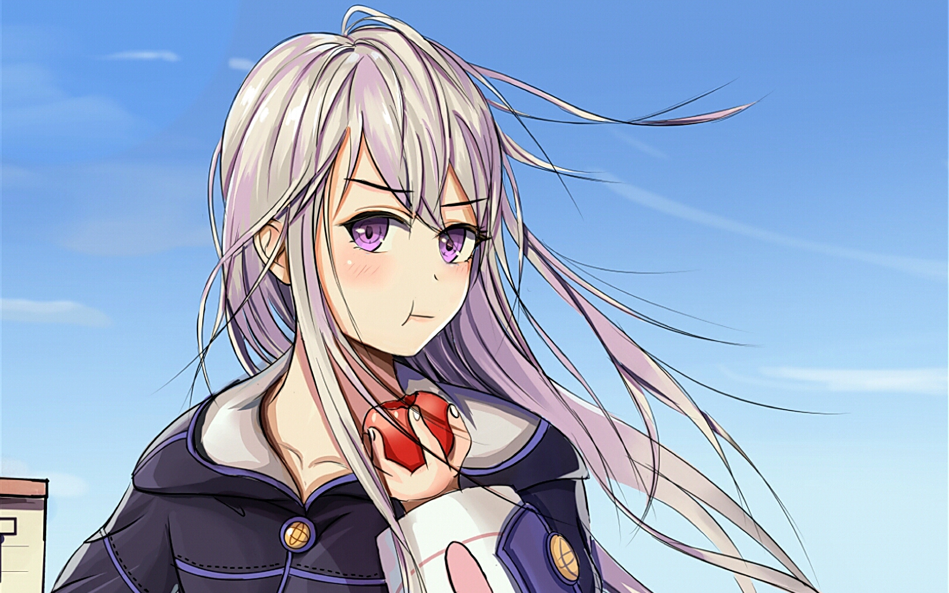 HD anime desktop wallpaper featuring Zero from Grimoire of Zero with flowing silver hair and purple eyes against a clear blue sky background.