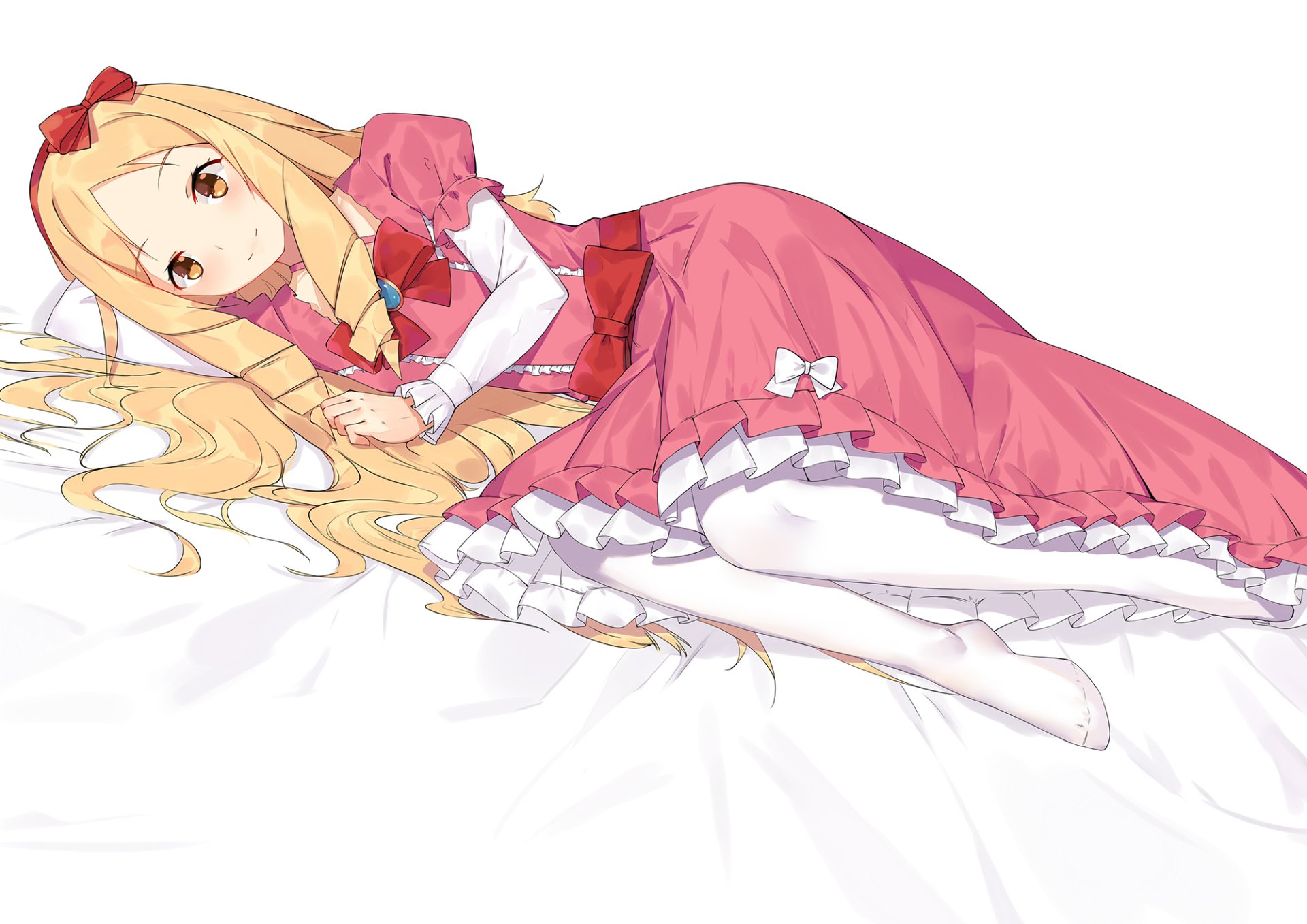 HD anime desktop wallpaper featuring Elf Yamada from EroManga-Sensei, lying on her side in a pink dress with long blonde hair spread out.
