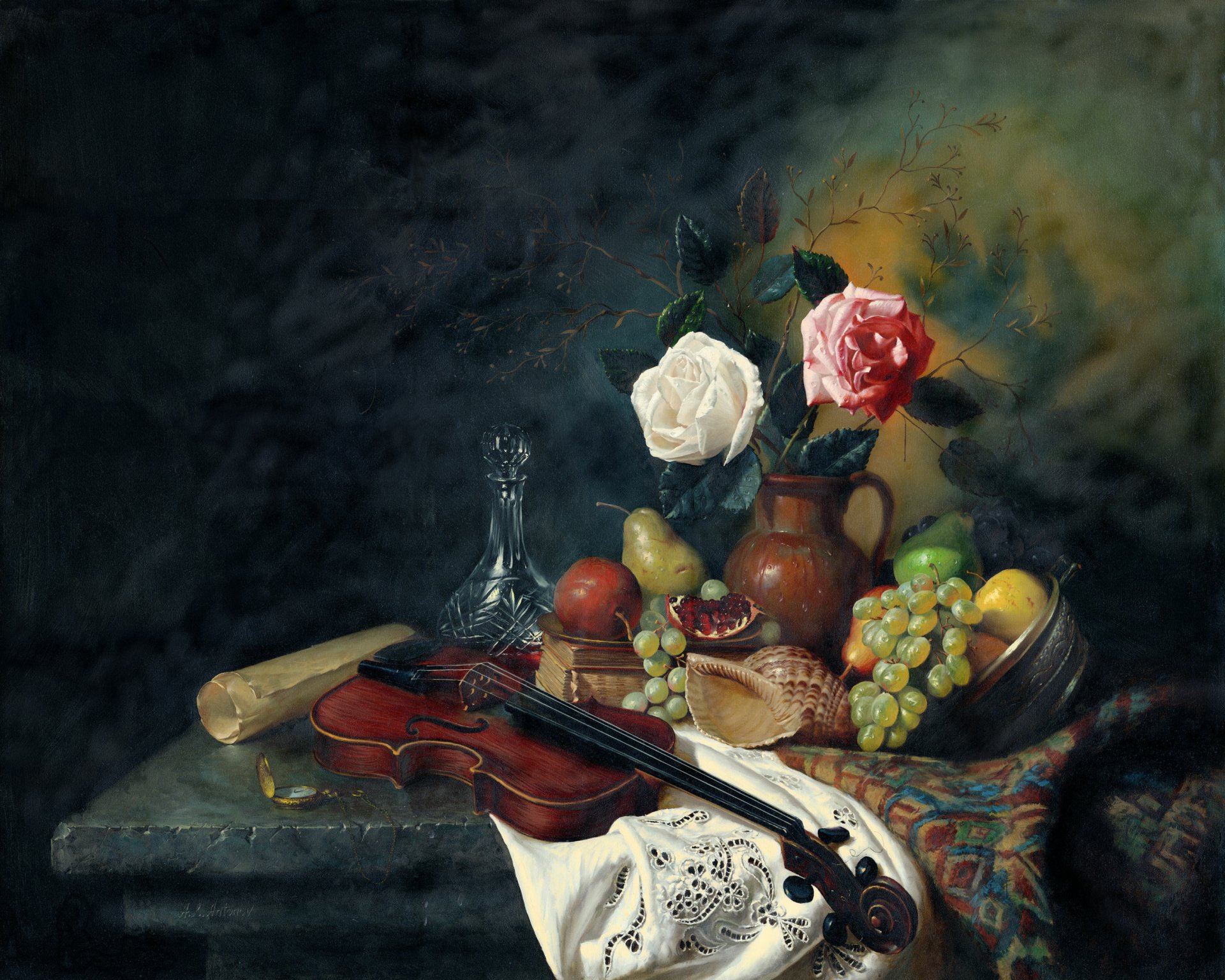 2K Quad HD PC desktop wallpaper: still-life painting of a violin, sheet music, glass decanter, vase with roses, bowl of grapes and assorted fruit on a draped table.