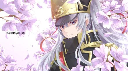 HD desktop wallpaper featuring Gunpuku no Himegimi from the anime Re:Creators. She is depicted with long silver hair in a military-inspired outfit amidst flowering branches.