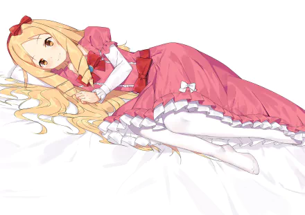 HD anime desktop wallpaper featuring Elf Yamada from EroManga-Sensei, lying on her side in a pink dress with long blonde hair spread out.