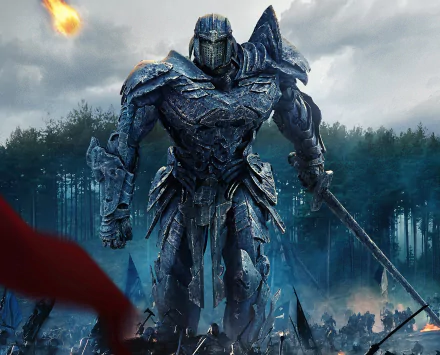 HD wallpaper featuring a fierce armored robot from the movie Transformers: The Last Knight, standing with a sword against a backdrop of a foggy forest and a gathering of soldiers.