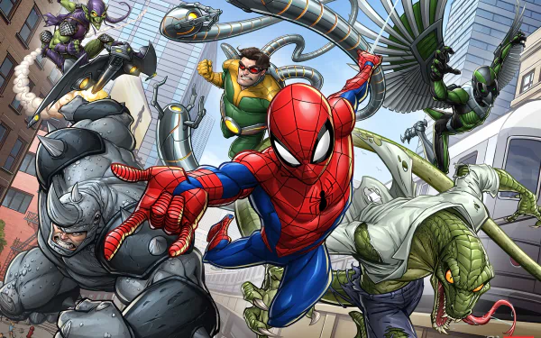 HD PC desktop wallpaper featuring Spider-Man battling Marvel villains Green Goblin, Doctor Octopus, Rhino, and Lizard in a dynamic comic-style scene.