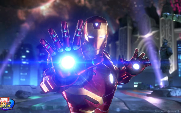 HD PC desktop wallpaper featuring Iron Man from the video game Marvel vs. Capcom 3: Fate of Two Worlds in a dynamic battle pose with glowing repulsors.