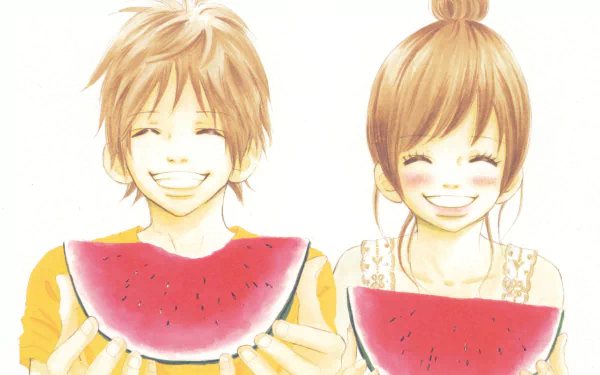 Anime characters Nanami Takahashi and Motoharu Yano smiling while holding slices of watermelon, from the series We Were There. This HD desktop wallpaper exudes happiness and summer vibes.