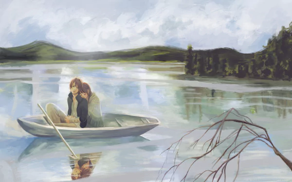 HD anime wallpaper featuring Nanami Takahashi and Motoharu Yano from We Were There, resting together in a boat on a tranquil lake with scenic reflections and a peaceful background.