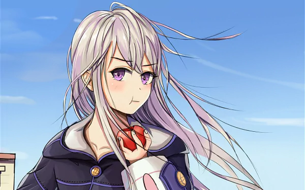 HD anime desktop wallpaper featuring Zero from Grimoire of Zero with flowing silver hair and purple eyes against a clear blue sky background.