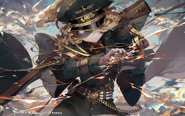 HD desktop wallpaper featuring Tanya Degurechaff from the anime Youjo Senki, depicted in military attire with a fierce expression amidst a dynamic background.