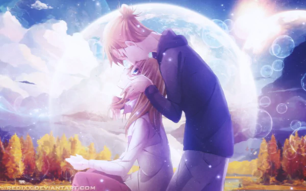 HD desktop wallpaper featuring Ymir and Historia Reiss from the anime Attack on Titan, set against a splendid background with vibrant colors and a cosmic atmosphere, evoking a sense of closeness and serenity.