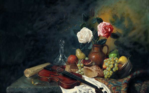 Artistic Painting Still Life Flower Fruit Vase Violin HD Wallpaper | Background Image