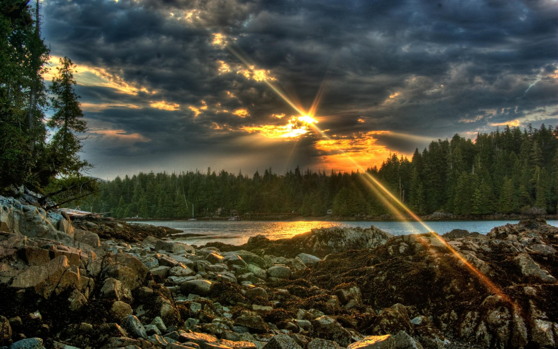 A serene forest landscape at sunset, reflecting vibrant orange and yellow hues over calm waters, framed by rocky shores and lush trees in the background, creating a stunning HD wallpaper.