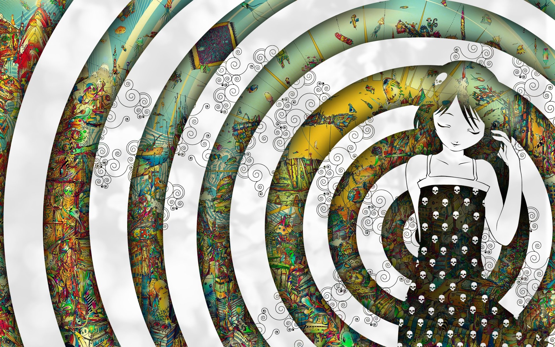 Artistic HD PC desktop wallpaper: a cute stylized woman in a patterned black dress stands amid concentric white rings over a vivid, textured, colorful background.
