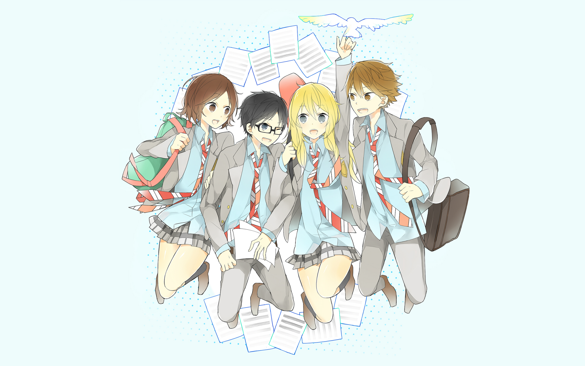 HD PC wallpaper featuring Ryota Watari, Tsubaki Sawabe, Kousei Arima, and Kaori Miyazono from the anime Your Lie in April in school uniforms with musical notes.