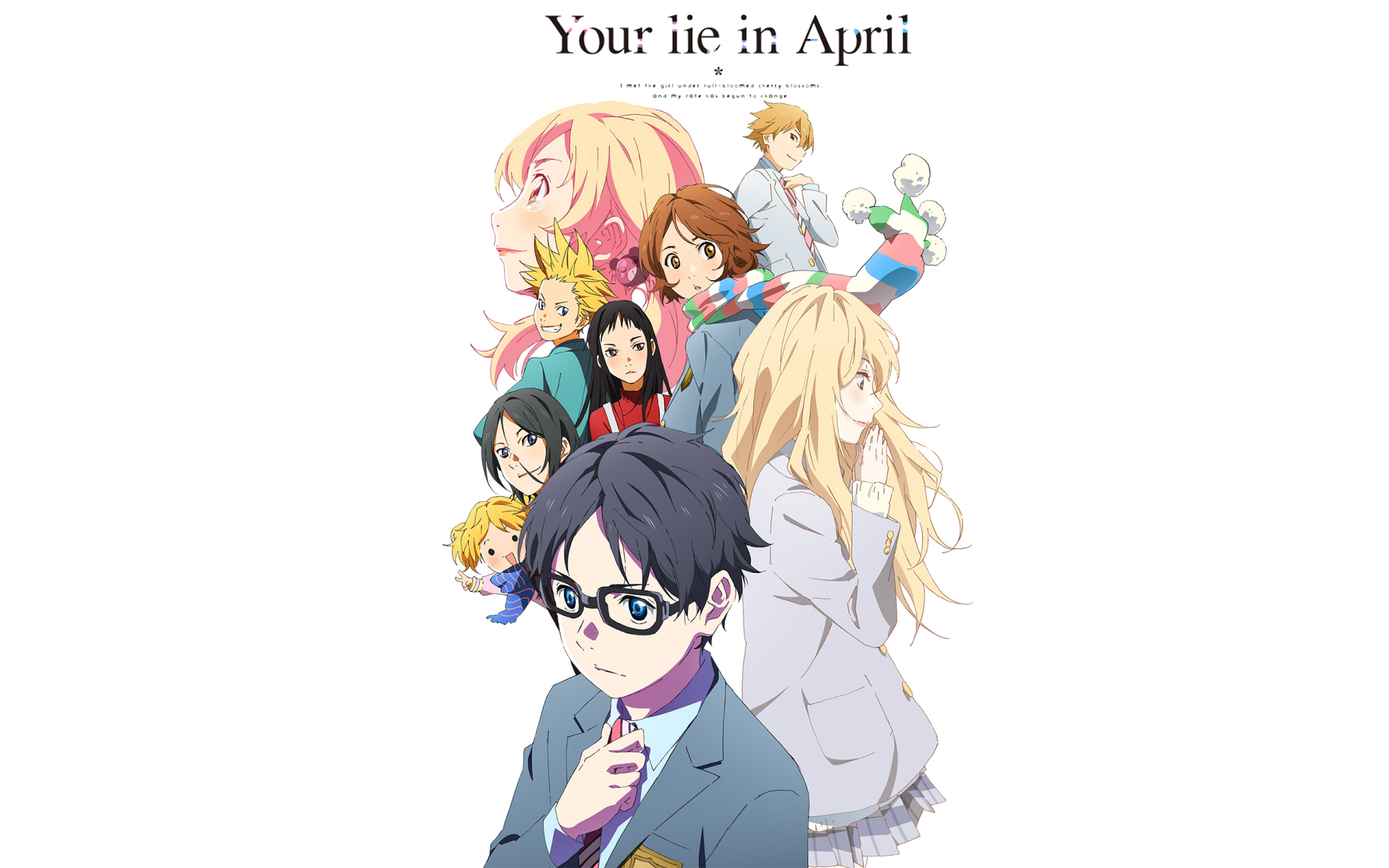 HD desktop wallpaper featuring characters Ryota Watari, Tsubaki Sawabe, Kousei Arima, and Kaori Miyazono from the anime Your Lie in April.