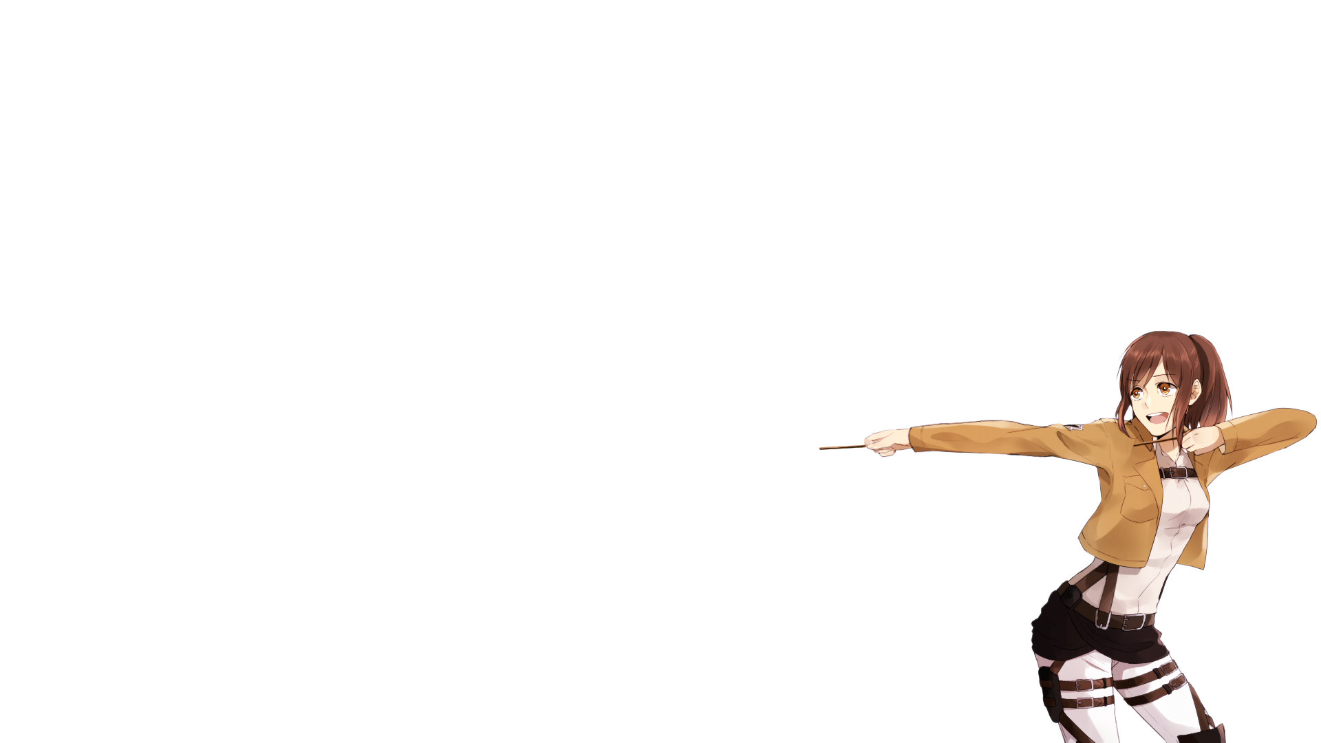 HD PC desktop wallpaper: Sasha Blouse (Attack on Titan) anime artwork at the right edge on a clean white background, reaching outward in her Survey Corps uniform.