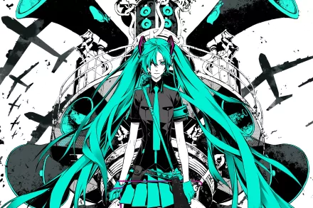 HD anime desktop wallpaper featuring Hatsune Miku from Vocaloid in vibrant blue tones, inspired by Love is War, with intricate black and white background elements.