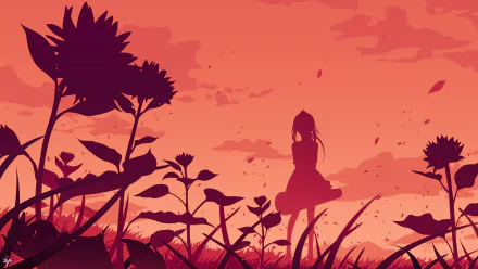 Silhouette of Kaori Miyazono from Your Lie in April against an orange sky, surrounded by flowers. This HD anime wallpaper captures a serene and poignant moment.