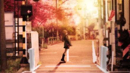 HD anime desktop wallpaper featuring Kaori Miyazono from Your Lie in April standing on a sunlit street surrounded by warm autumn colors.