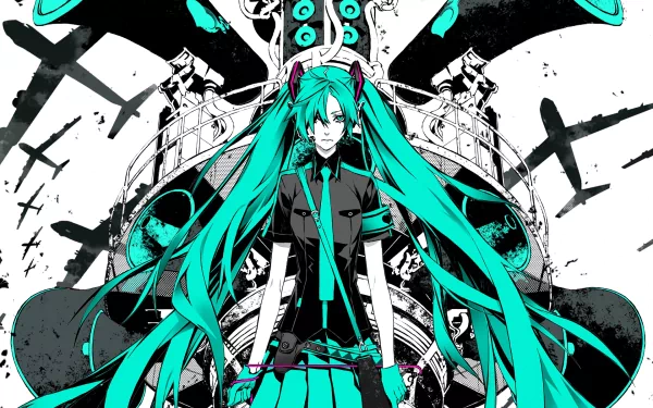 HD anime desktop wallpaper featuring Hatsune Miku from Vocaloid in vibrant blue tones, inspired by Love is War, with intricate black and white background elements.