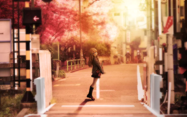 HD anime desktop wallpaper featuring Kaori Miyazono from Your Lie in April standing on a sunlit street surrounded by warm autumn colors.