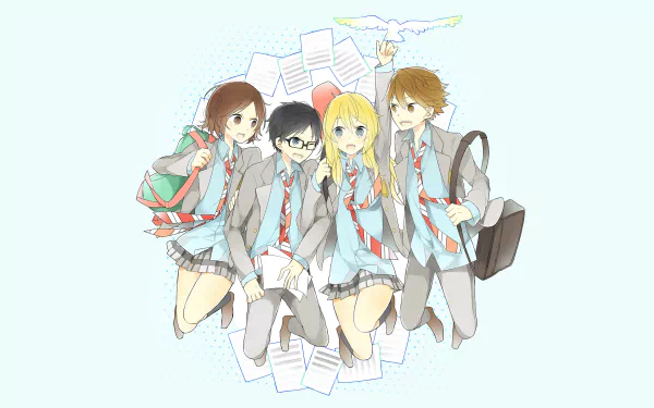 HD PC wallpaper featuring Ryota Watari, Tsubaki Sawabe, Kousei Arima, and Kaori Miyazono from the anime Your Lie in April in school uniforms with musical notes.