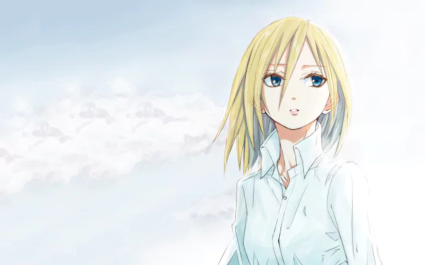 HD anime wallpaper featuring Historia Reiss from Attack on Titan, depicted with her blonde hair and blue eyes against a soft sky background.