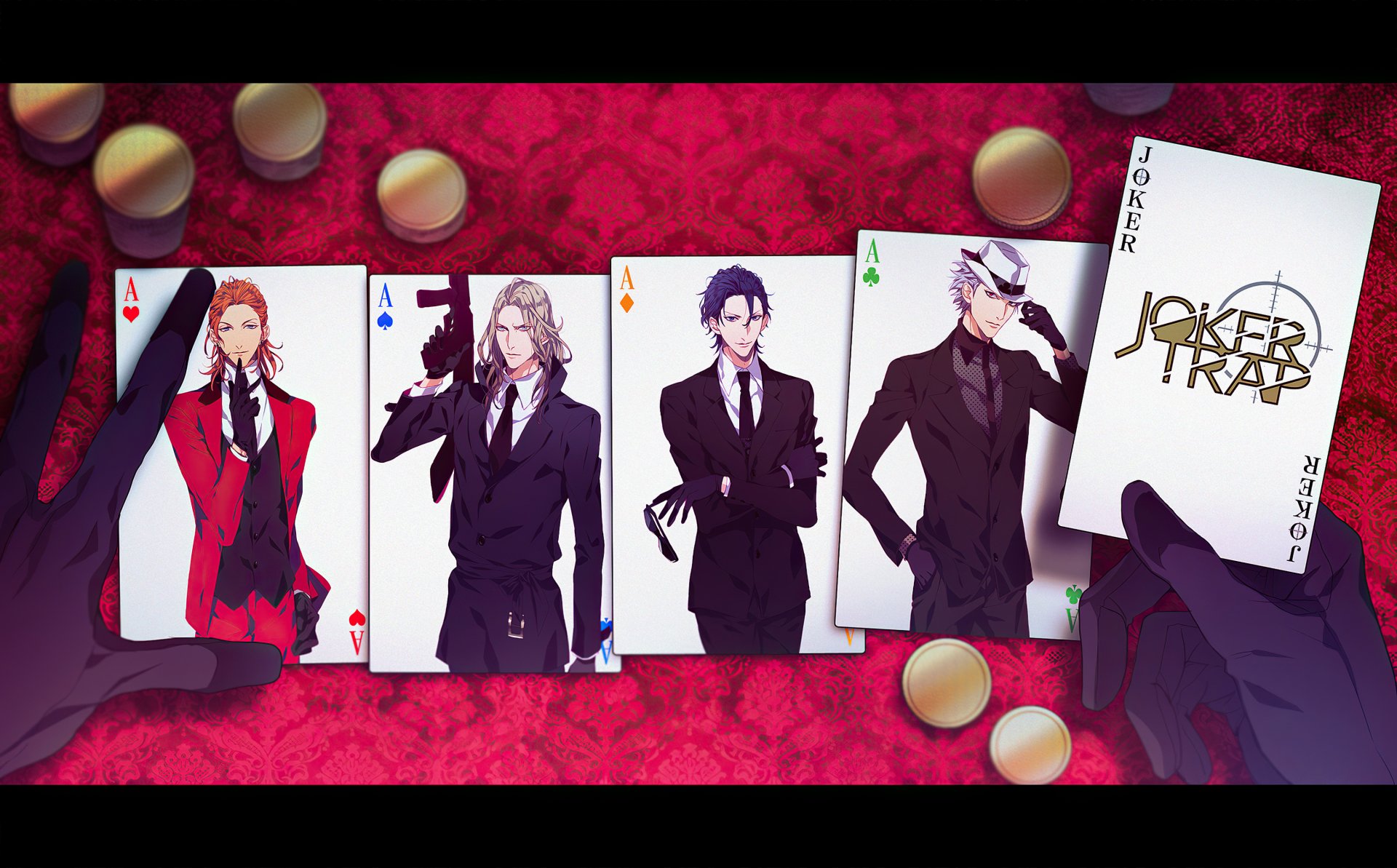 2K Quad HD PC desktop wallpaper: Uta no Prince-sama anime art showing Kurosaki Ranmaru, Jinguji Ren, Ichinose Tokiya and Camus on playing cards laid on a red patterned table with poker chips.