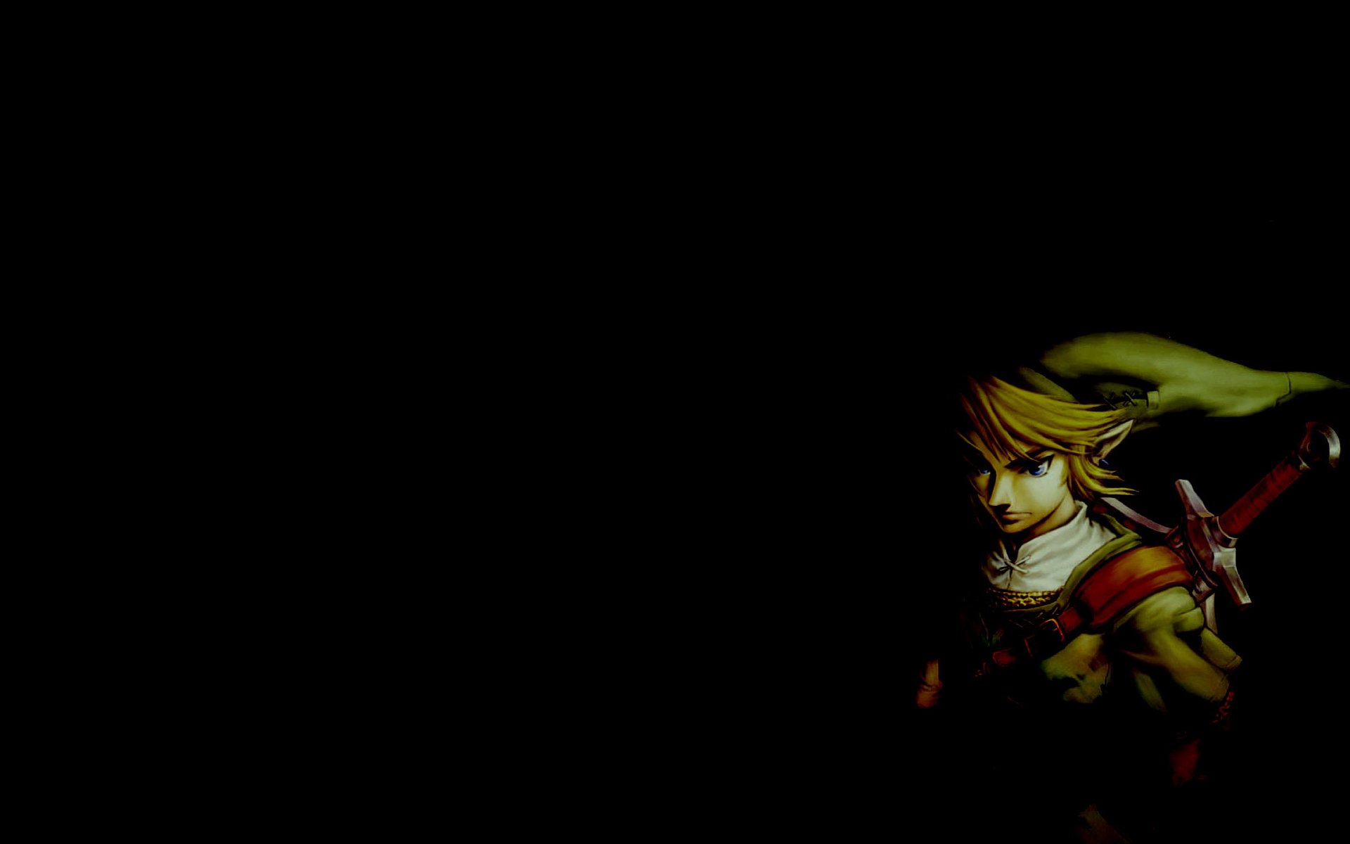 Link from the video game The Legend of Zelda: Twilight Princess posed at right on a black field — HD PC desktop wallpaper/background.