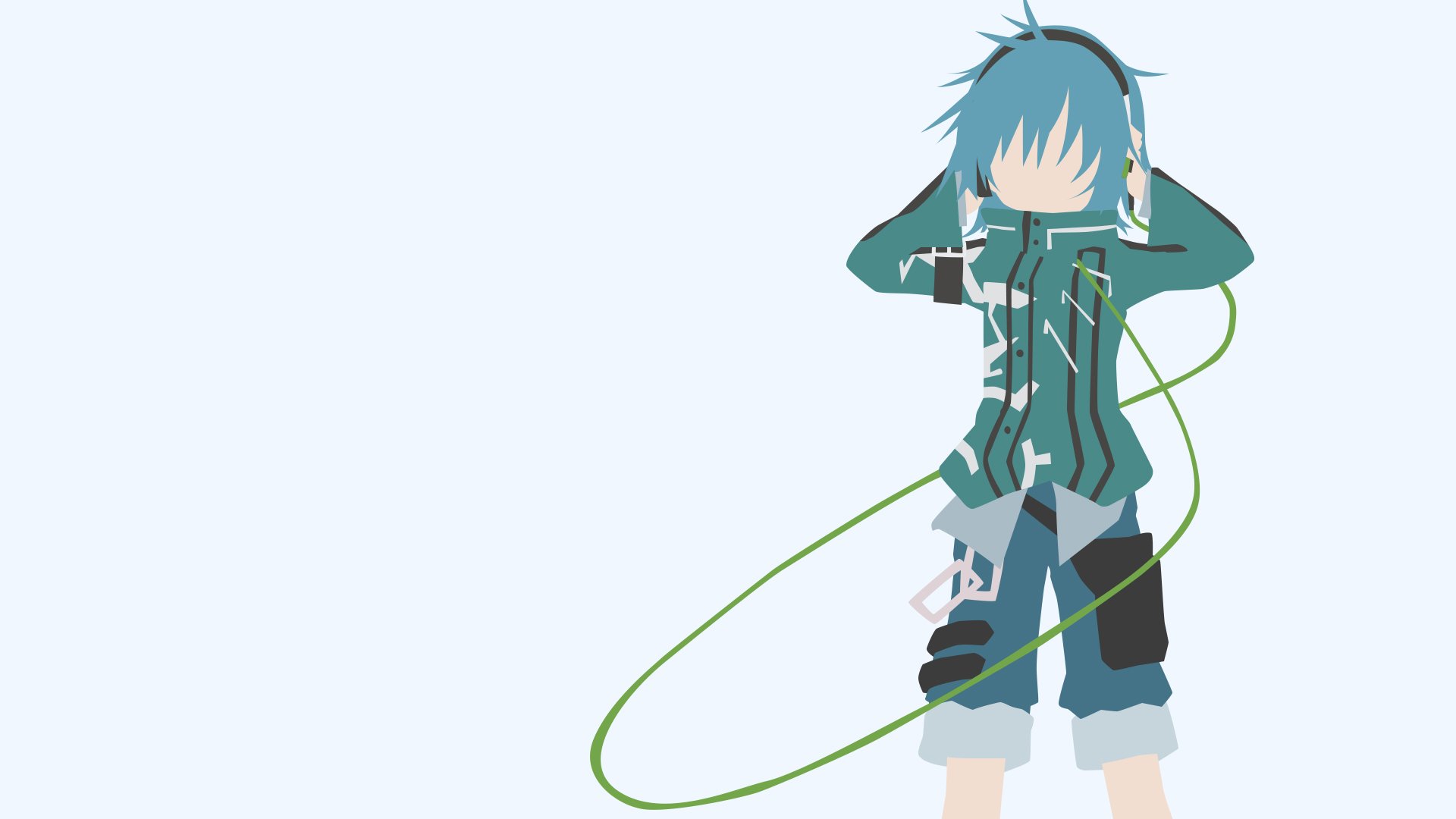 Anime Clockwork Planet HD PC desktop wallpaper: teal-haired anime character wearing headphones and a green jacket, standing with a looping green cable on a pale background.