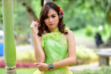 brown eyes depth of field green dress brunette model woman asian HD Desktop Wallpaper | Background Image