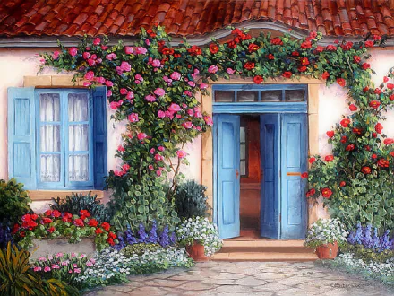 An artistic painting of a charming cottage with blue windows and door, surrounded by vibrant flowers and lush greenery, embodying the essence of spring. This HD wallpaper is visually captivating.