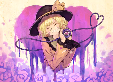 Cheerful Koishi Komeiji from Touhou smiling, holding her eye with a heart-shaped cord looping around her; anime HD PC desktop wallpaper with a purple watercolor background.