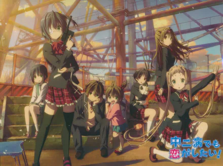 HD wallpaper featuring characters Kumin Tsuyuri, Yūta Togashi, Yumeha Togashi, Kuzuha Togashi, Rikka Takanashi, Shinka Nibutani, and Sanae Dekomori from the anime Love, Chunibyo & Other Delusions.
