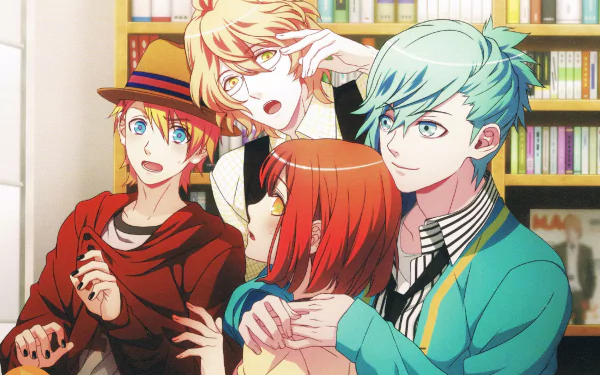 4K Ultra HD PC wallpaper of Nanami Haruka with Shinomiya Natsuki, Mikaze Ai, and Kurusu Syo from Uta no Prince-sama, posing together in a warm library scene.