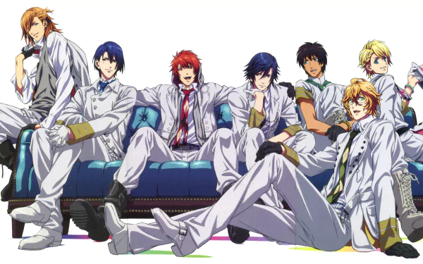 2K Uta no Prince-sama desktop wallpaper: Shinomiya Natsuki, Kurusu Syo, Jinguji Ren, Ittoki Otoya, Ichinose Tokiya, Hijirikawa Masato and Aijima Cecil in white suits lounging on a blue sofa.