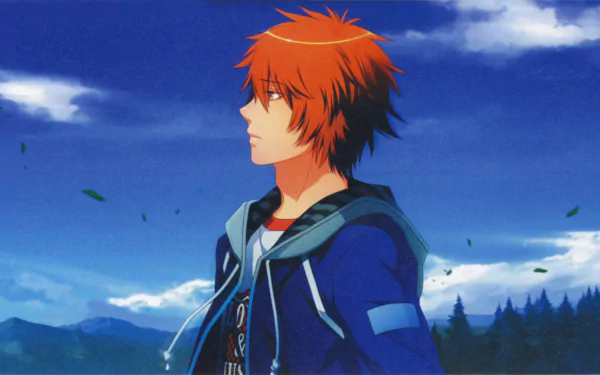 Ittoki Otoya from Uta no Prince-sama in profile against a vivid blue sky and distant treeline — anime 4K Ultra HD PC desktop wallpaper.