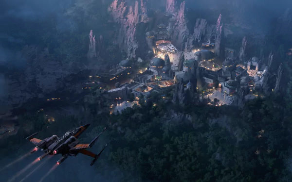 HD desktop wallpaper featuring a Star Wars X-Wing flying over a sci-fi town nestled amongst rocky cliffs and illuminated buildings.