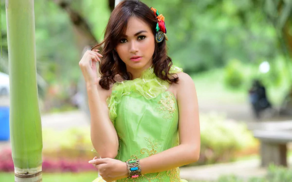 brown eyes depth of field green dress brunette model woman asian HD Desktop Wallpaper | Background Image