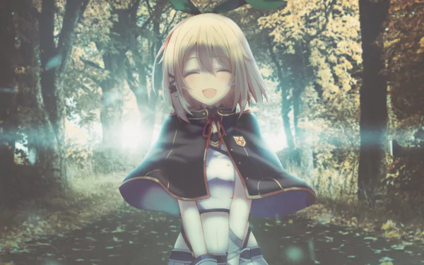 HD desktop wallpaper featuring Rumia Tingel from the anime Rokudenashi Majutsu Koushi to Akashic Records, smiling warmly in a forest setting with ambient light.