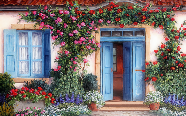 Artístico Pintura Casa Cabaña Primavera Flor Planta Puerta Ventana Fondo de pantalla HD | Fondo de Escritorio