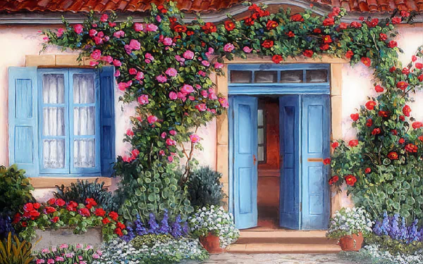 An artistic painting of a charming cottage with blue windows and door, surrounded by vibrant flowers and lush greenery, embodying the essence of spring. This HD wallpaper is visually captivating.
